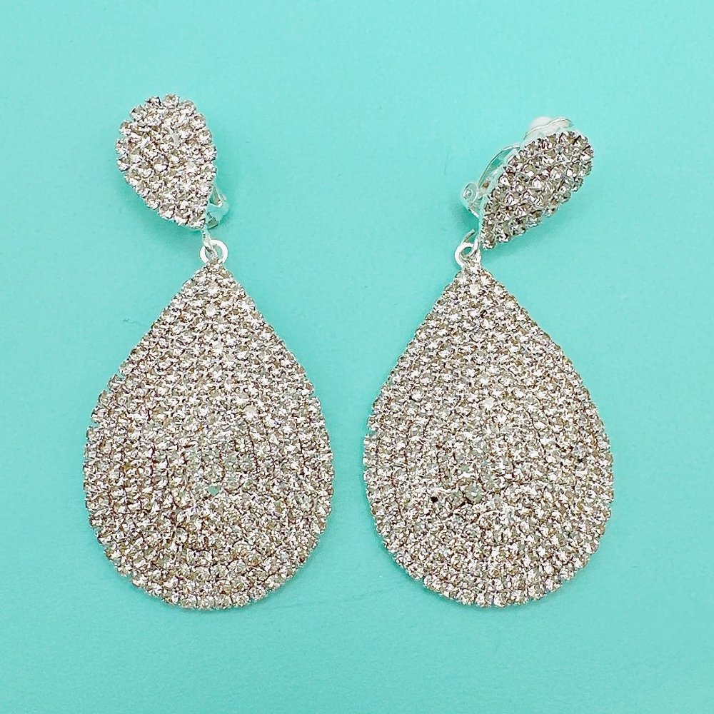 CLIP ON Large Silver Tone Tear Drop Rhinestone  Earrings